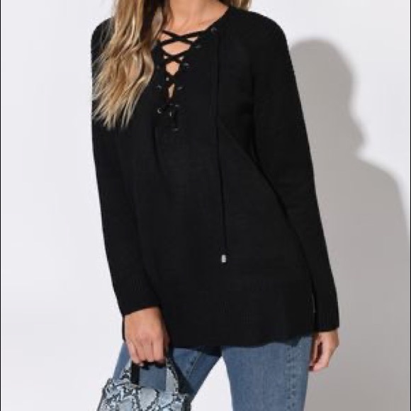 Thin Black V Neck Hoodie with Lacing - Picture 2 of 5